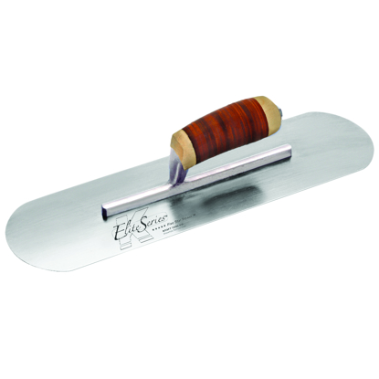 Picture of Elite Series Five Star™ 10" x 3" Carbon Steel Pool Trowel with Leather Handle on a Short Shank