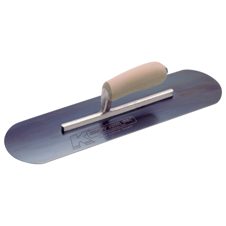 Picture of 18" x 4-1/2" Blue Steel Pool Trowel with Camel Back Wood Handle on a Short Shank